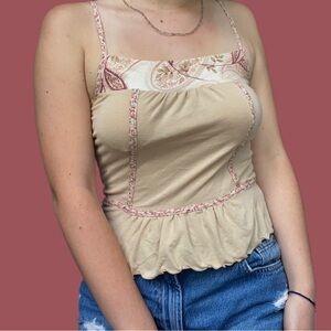 women’s 2000s tan floral blouse MEDIUM